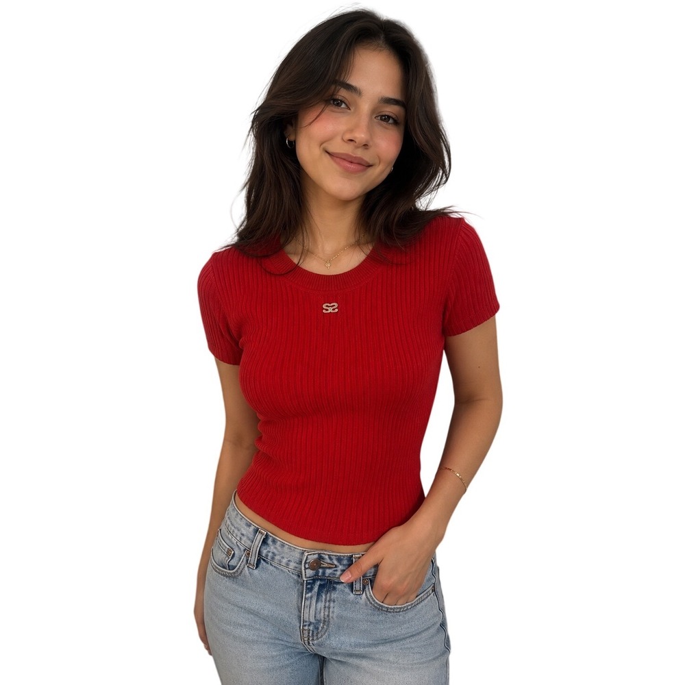 Sandro Red Ribbed Knit Short Sleeve Top Crew Neck Logo SFPPU02051 Size 1
